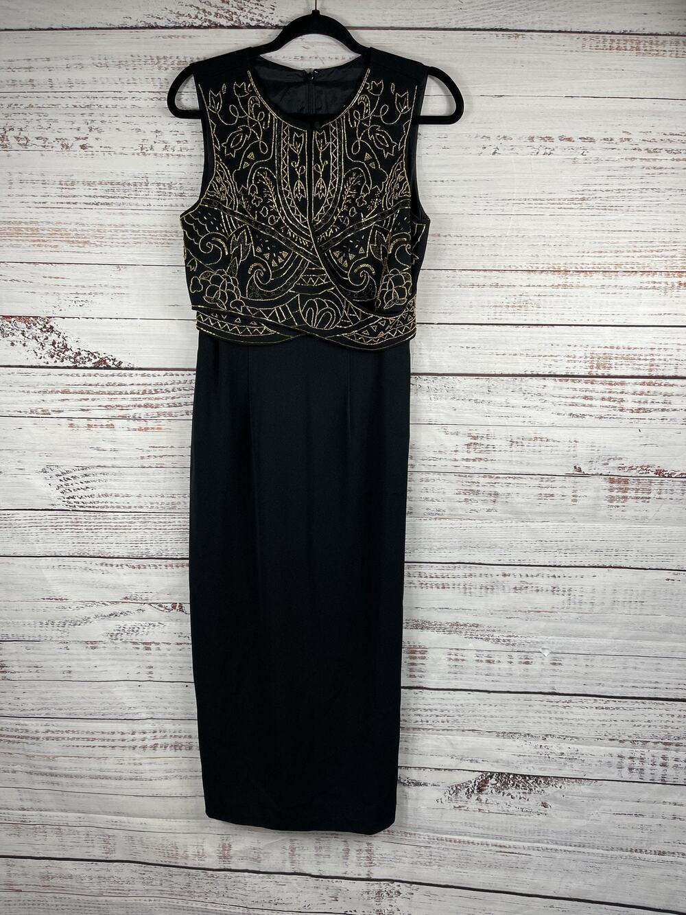 Carole Little Dress Women's 10 Black Gold Beaded Maxi Sleeveless Formal Evening